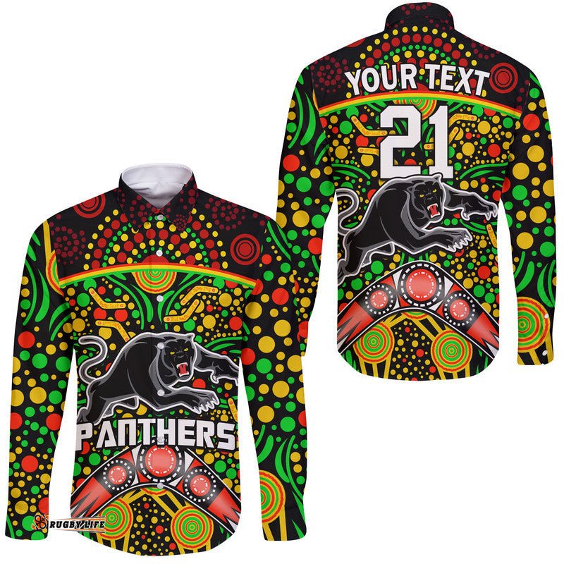 Custom Personalised Panthers Rugby Hawaii Long Sleeve Button Shirt Boomerang Indigenous Dots