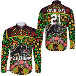 Custom Personalised Panthers Rugby Hawaii Long Sleeve Button Shirt Boomerang Indigenous Dots