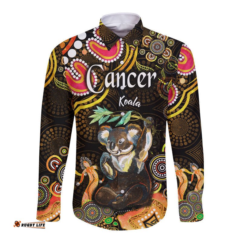 Custom Personalised Australian Astrology Hawaii Long Sleeve Button Shirt Cancer Koala Zodiac Aboriginal Vibes Gold