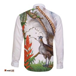Australia Superb Lyrebird Long Sleeve Button Shirt Aussie Map - Rainforest Vibes