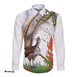 Australia Superb Lyrebird Long Sleeve Button Shirt Aussie Map - Rainforest Vibes