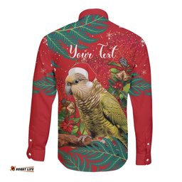 Personalised New Zealand Kakapo Christmas Long Sleeve Button Shirt Meri Kirihimete Silver Fern Mix Pohutukawa