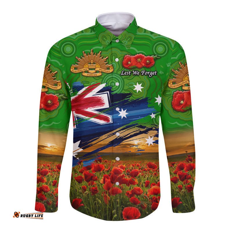 Custom Personalised Australia Aboriginal ANZAC Hawaii Long Sleeve Button Shirt Poppy Vibes Green