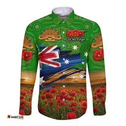 Custom Personalised Australia Aboriginal ANZAC Hawaii Long Sleeve Button Shirt Poppy Vibes Green