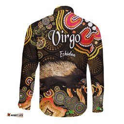 Australian Astrology Hawaii Long Sleeve Button Shirt Virgo Echidna Zodiac Aboriginal Vibes Gold