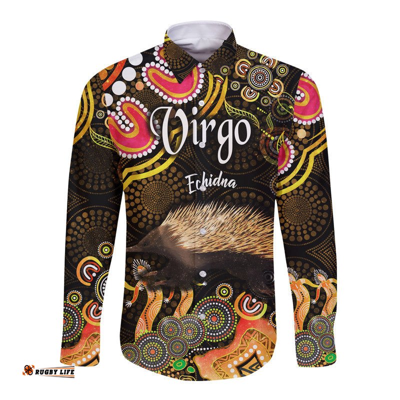 Australian Astrology Hawaii Long Sleeve Button Shirt Virgo Echidna Zodiac Aboriginal Vibes Gold