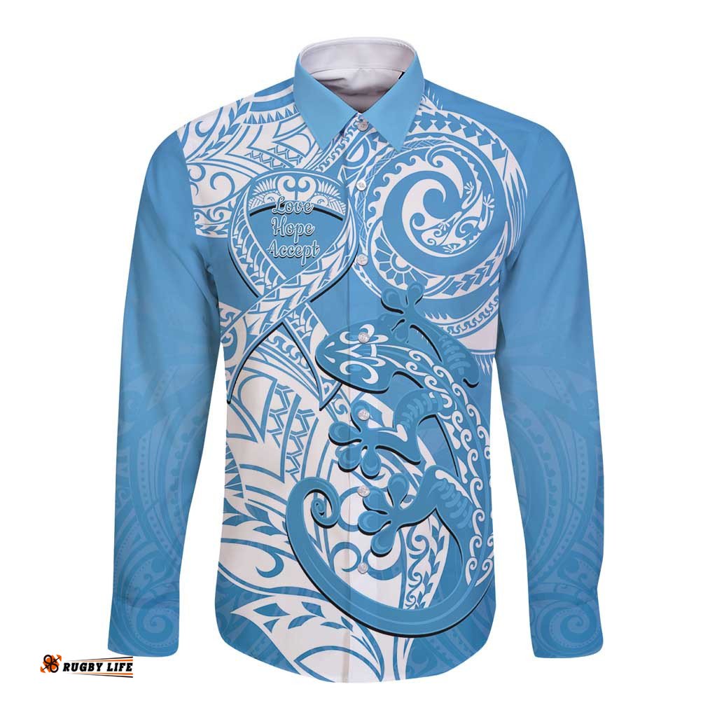 Personalised New Zealand Autism Awareness Long Sleeve Button Shirt NZ Fern With Maori Koru Lizard