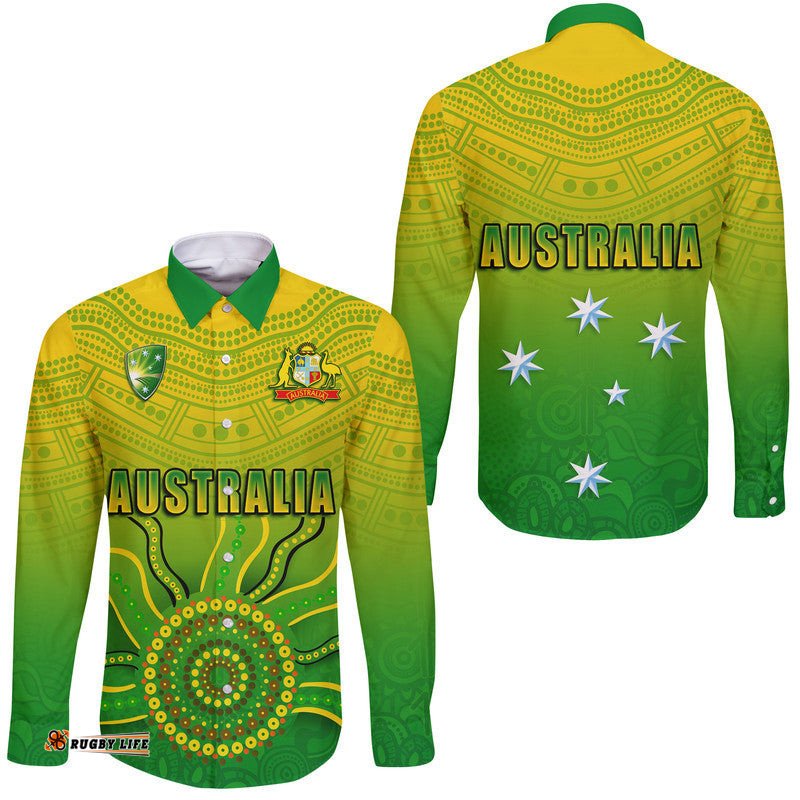 Cricket Australia Indigenous Aboriginal Hawaii Long Sleeve Button Shirt Boomerang Dot Painting Style