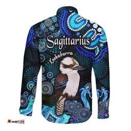 Australian Astrology Hawaii Long Sleeve Button Shirt Sagittarius Kookaburra Zodiac Aboriginal Vibes Blue
