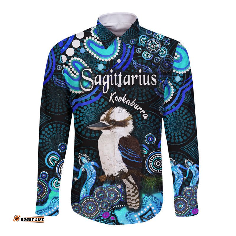 Australian Astrology Hawaii Long Sleeve Button Shirt Sagittarius Kookaburra Zodiac Aboriginal Vibes Blue