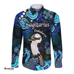 Australian Astrology Hawaii Long Sleeve Button Shirt Sagittarius Kookaburra Zodiac Aboriginal Vibes Blue