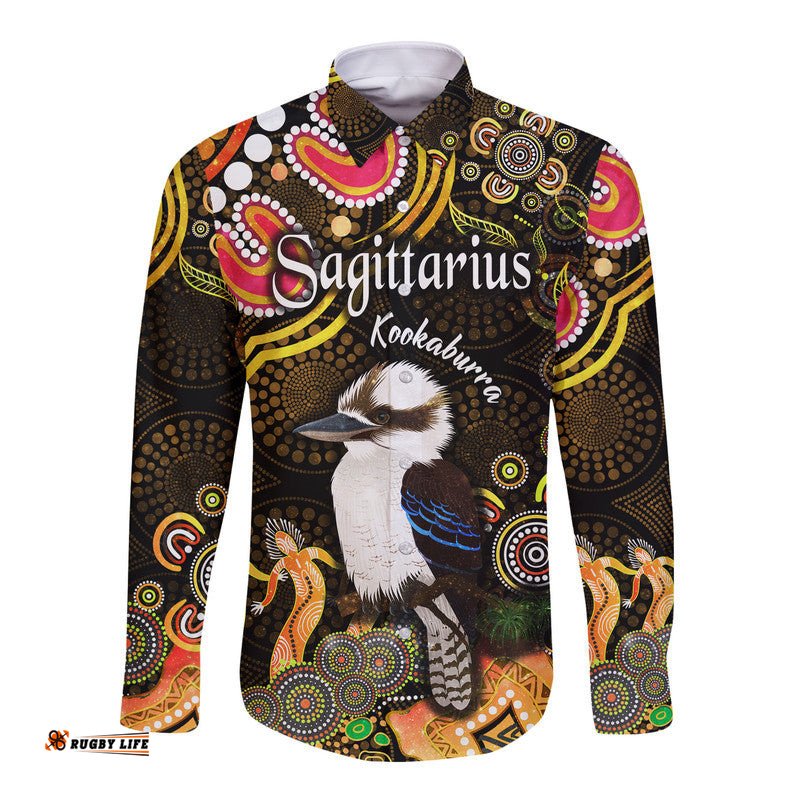 Australian Astrology Hawaii Long Sleeve Button Shirt Sagittarius Kookaburra Zodiac Aboriginal Vibes Gold