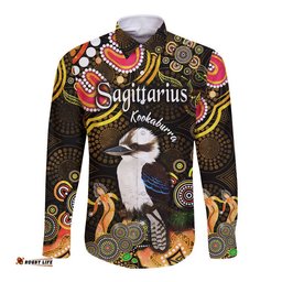 Australian Astrology Hawaii Long Sleeve Button Shirt Sagittarius Kookaburra Zodiac Aboriginal Vibes Gold