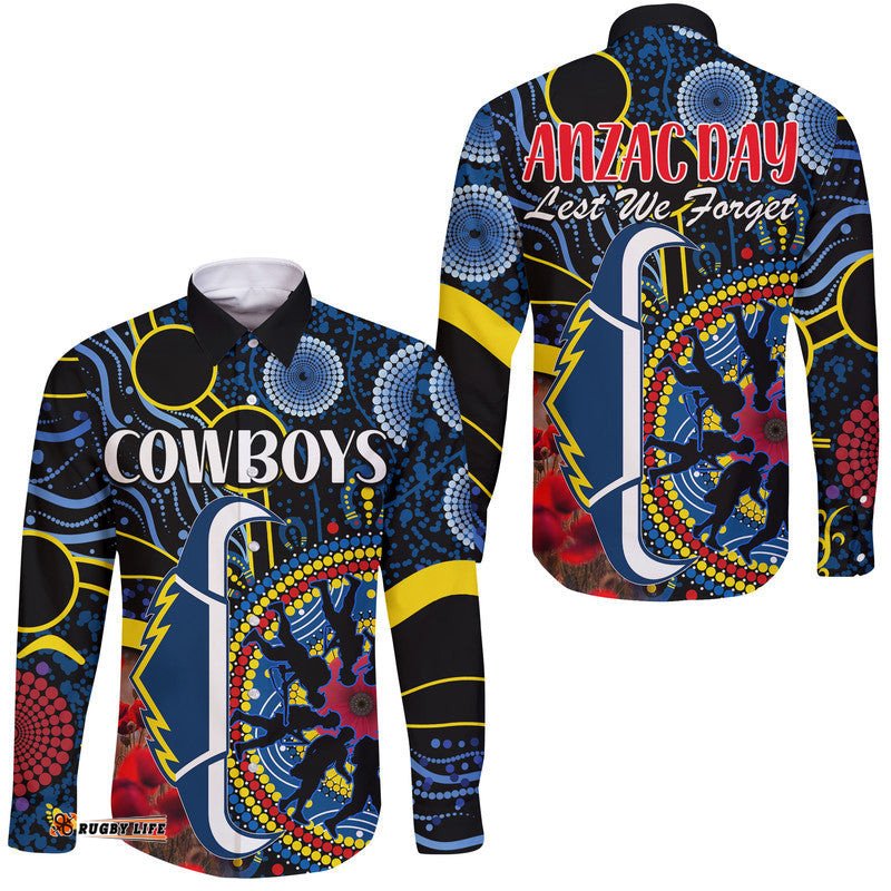 Cowboys Rugby ANZAC Hawaii Long Sleeve Button Shirt Aboriginal Military and Poppy Flowers