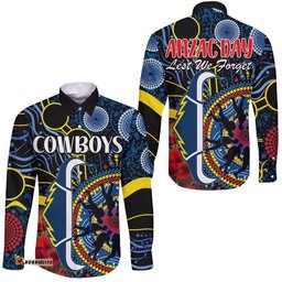 Cowboys Rugby ANZAC Hawaii Long Sleeve Button Shirt Aboriginal Military and Poppy Flowers