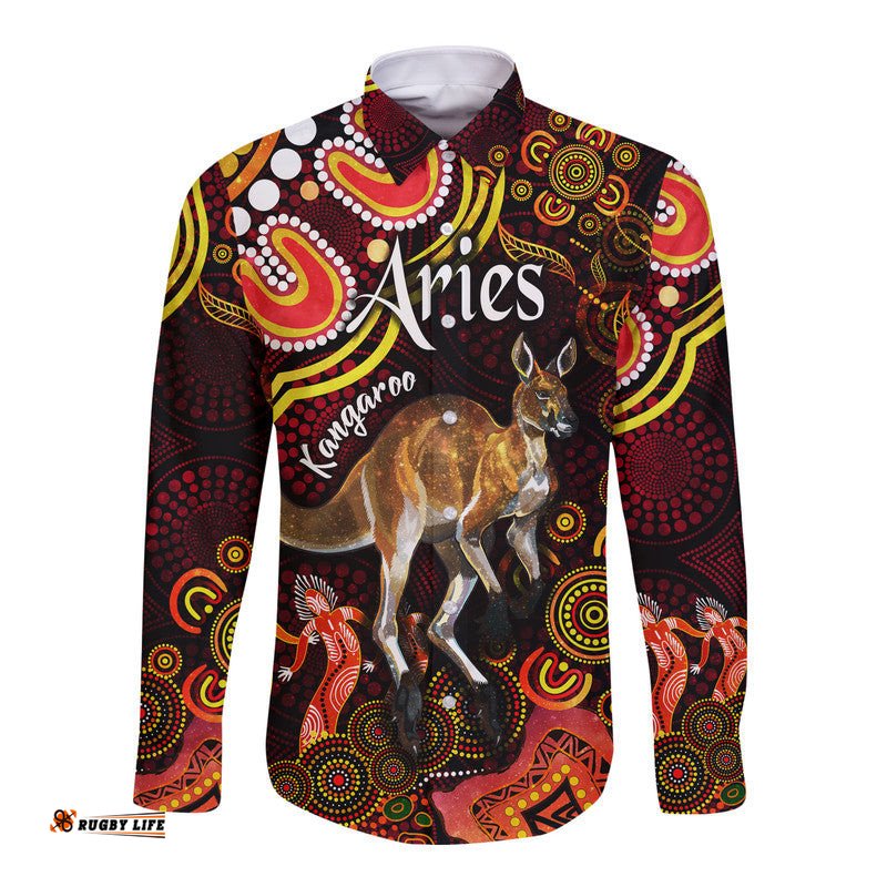 Australian Astrology Hawaii Long Sleeve Button Shirt Aries Kangaroo Zodiac Aboriginal Vibes Red