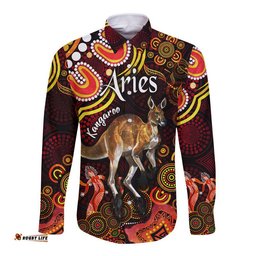 Australian Astrology Hawaii Long Sleeve Button Shirt Aries Kangaroo Zodiac Aboriginal Vibes Red