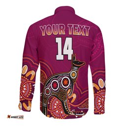 Custom Text And Number Maroons Rugby Long Sleeve Button Shirt Queensland Kangaroo Aboriginal Dot Paintings