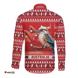 Aussie Kookaburra Long Sleeve Button Shirt Merry Christmas Red Style