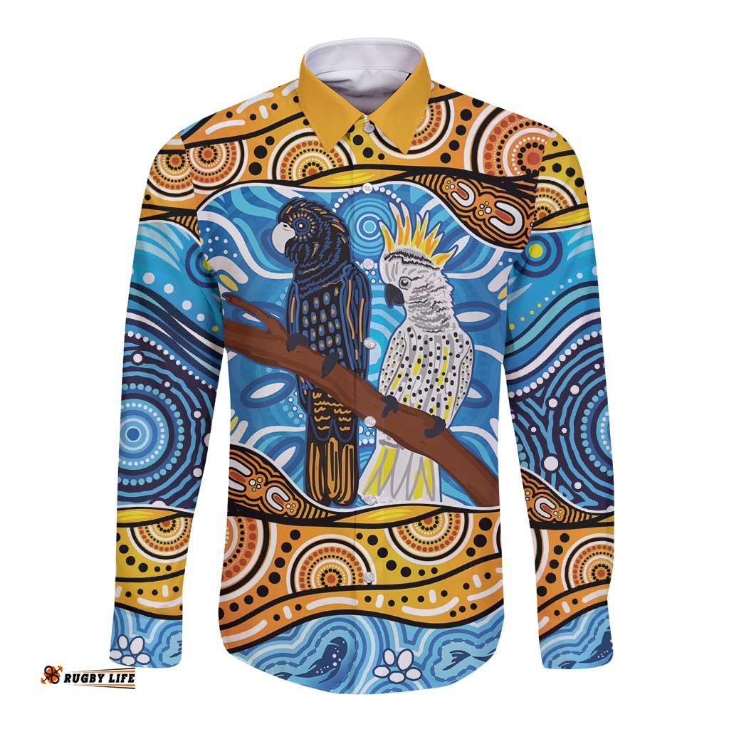 Australia Birds Aboriginal Art Long Sleeve Button Shirt