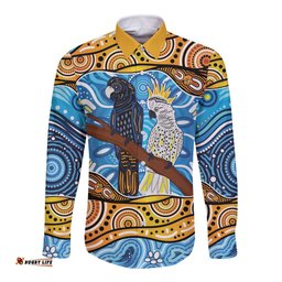 Australia Birds Aboriginal Art Long Sleeve Button Shirt