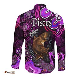 Australian Astrology Hawaii Long Sleeve Button Shirt Pisces Platypus Zodiac Aboriginal Vibes Pink
