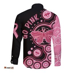 Australia Indigenous Long Sleeve Button Shirt Breast Cancer Ribbon Butterfly Aboriginal Arts