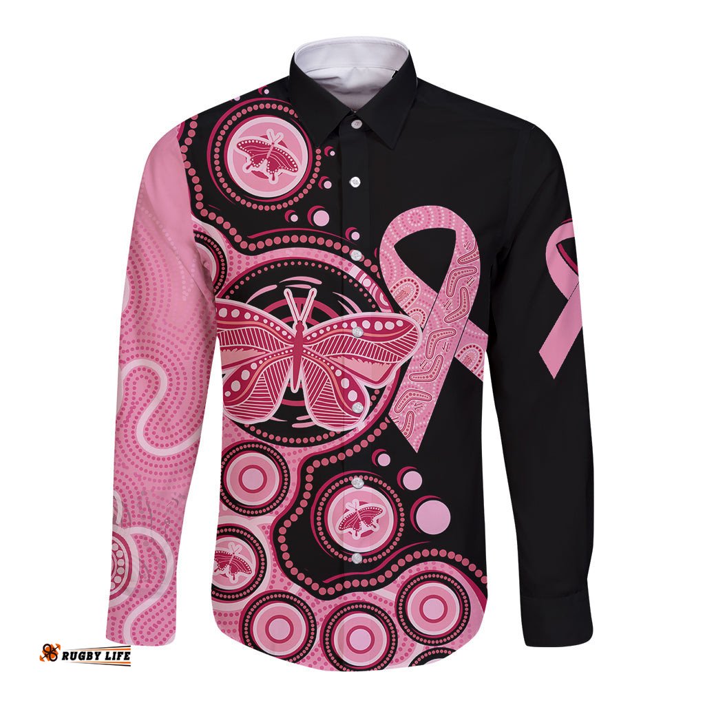 Australia Indigenous Long Sleeve Button Shirt Breast Cancer Ribbon Butterfly Aboriginal Arts
