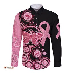 Australia Indigenous Long Sleeve Button Shirt Breast Cancer Ribbon Butterfly Aboriginal Arts