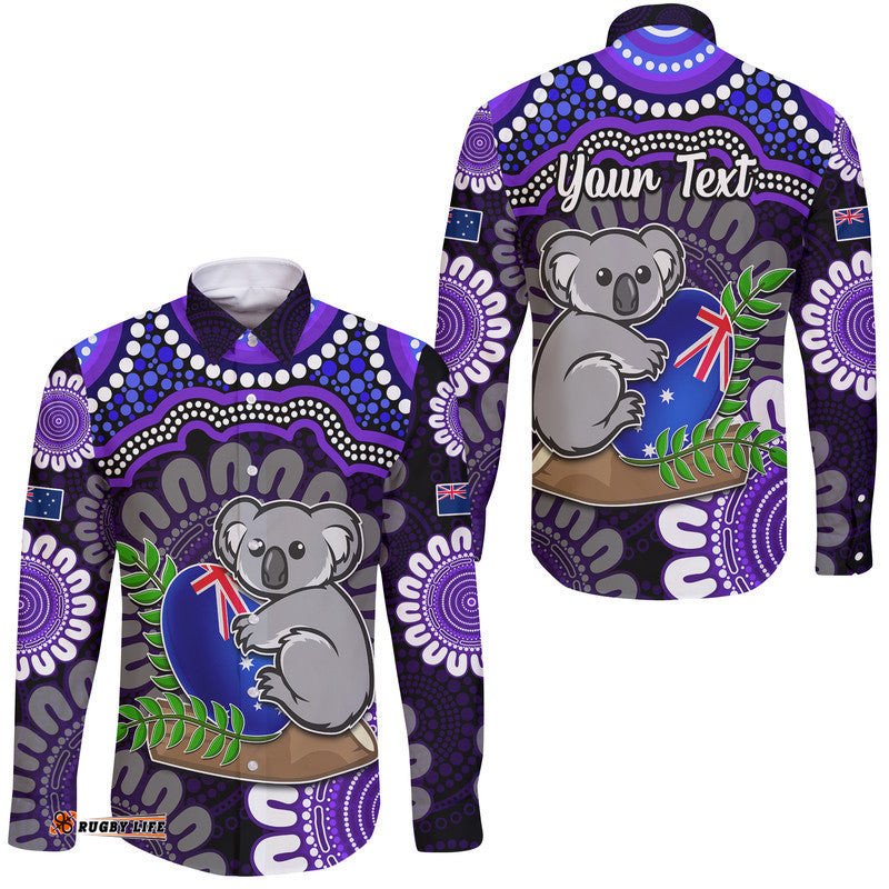 Custom Personalised Australia Koala Aboriginal Hawaii Long Sleeve Button Shirt Koala Hugging Rugby Ball Purple