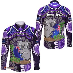 Custom Personalised Australia Koala Aboriginal Hawaii Long Sleeve Button Shirt Koala Hugging Rugby Ball Purple