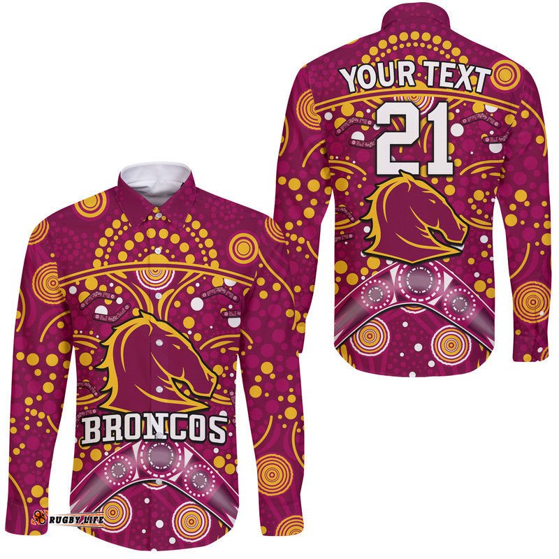 Custom Personalised Broncos Rugby Hawaii Long Sleeve Button Shirt Boomerang Indigenous Dots