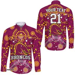 Custom Personalised Broncos Rugby Hawaii Long Sleeve Button Shirt Boomerang Indigenous Dots