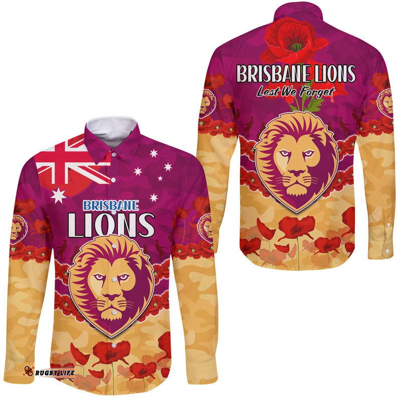 Brisbane Lions Football ANZAC Long Sleeve Button Shirt Lest We Forget
