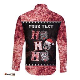 Personalised New Zealand Tiki Christmas Long Sleeve Button Shirt Ho Ho Ho Paua Shell Glitter Red
