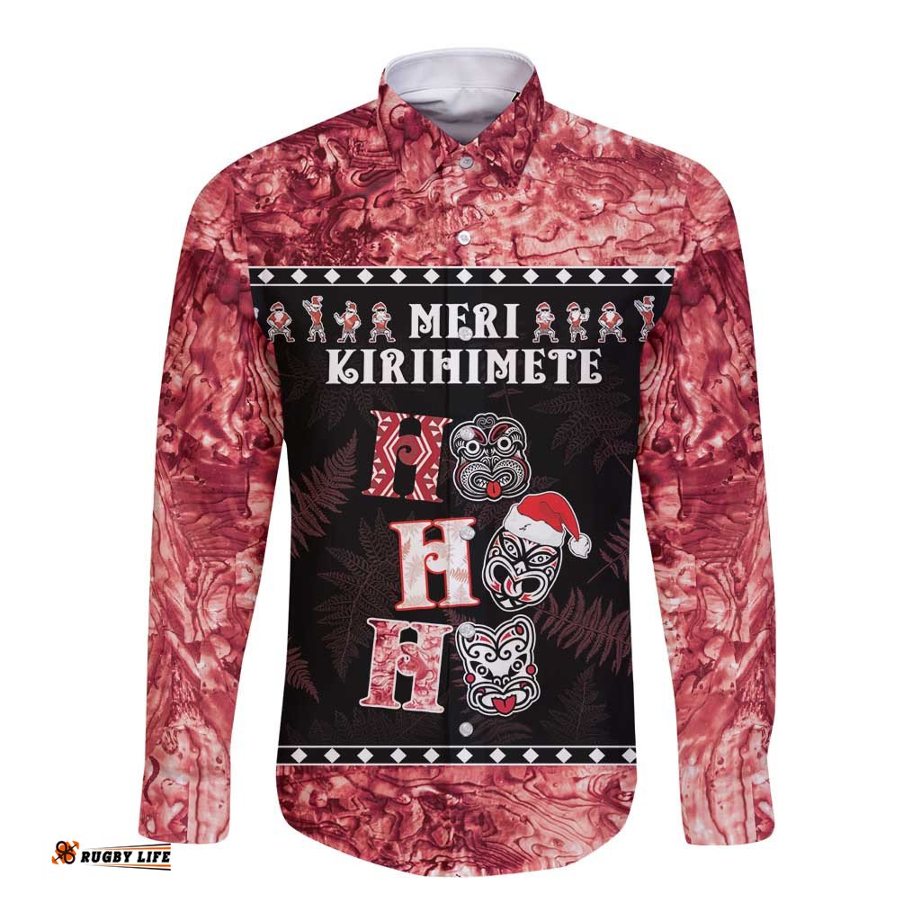 Personalised New Zealand Tiki Christmas Long Sleeve Button Shirt Ho Ho Ho Paua Shell Glitter Red