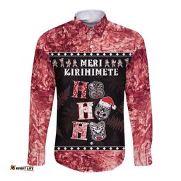 Personalised New Zealand Tiki Christmas Long Sleeve Button Shirt Ho Ho Ho Paua Shell Glitter Red