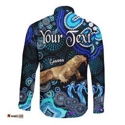 Custom Personalised Australian Astrology Hawaii Long Sleeve Button Shirt Capricorn Goanna Zodiac Aboriginal Vibes Blue