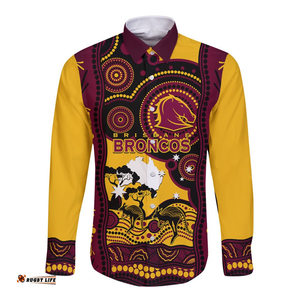 Custom Australia Day Brisbane Broncos Long Sleeve Button Shirt NRL 2024 Australian Map Proud
