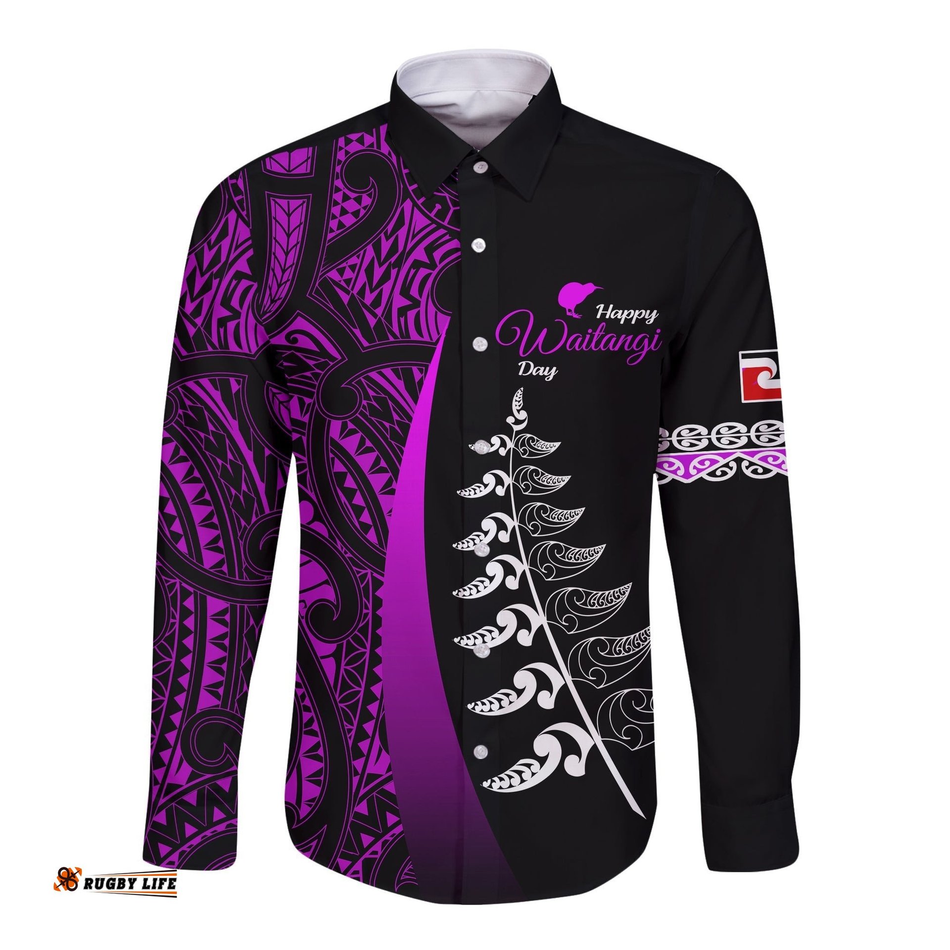 Waitangi Day Long Sleeve Button Shirt Maori Mix Fern Style Purple