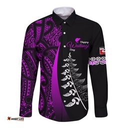 Waitangi Day Long Sleeve Button Shirt Maori Mix Fern Style Purple