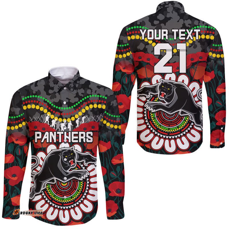 Custom Personalised Panthers Rugby ANZAC Hawaii Long Sleeve Button Shirt Camouflage Poppy