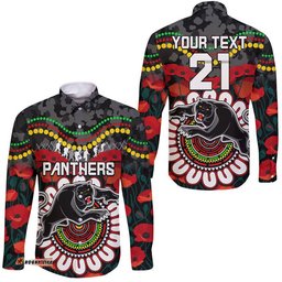 Custom Personalised Panthers Rugby ANZAC Hawaii Long Sleeve Button Shirt Camouflage Poppy