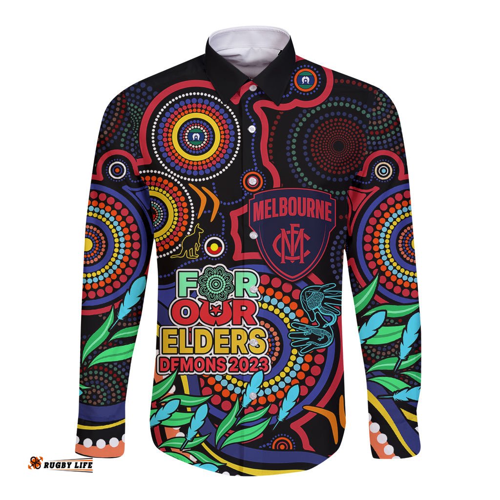 Demons Football Aboriginal Art Long Sleeve Button Shirt NAIDOC Indigenous Tribal