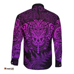 Personalised New Zealand Rugby Long Sleeve Button Shirt Silver Fern All Black Mix Ta Moko Purple Style