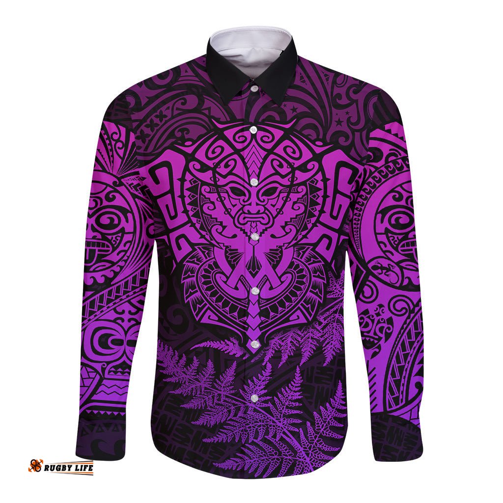Personalised New Zealand Rugby Long Sleeve Button Shirt Silver Fern All Black Mix Ta Moko Purple Style