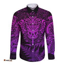 Personalised New Zealand Rugby Long Sleeve Button Shirt Silver Fern All Black Mix Ta Moko Purple Style