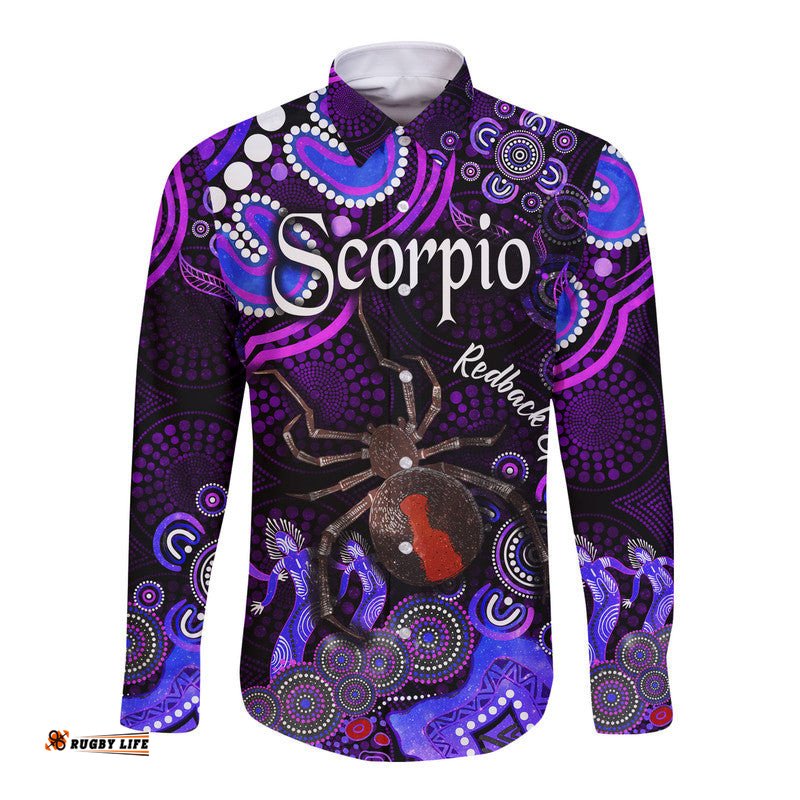 Custom Personalised Australian Astrology Hawaii Long Sleeve Button Shirt Scorpio Redback Spider Zodiac Aboriginal Vibes Purple