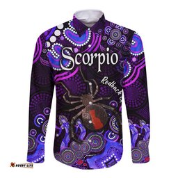 Custom Personalised Australian Astrology Hawaii Long Sleeve Button Shirt Scorpio Redback Spider Zodiac Aboriginal Vibes Purple