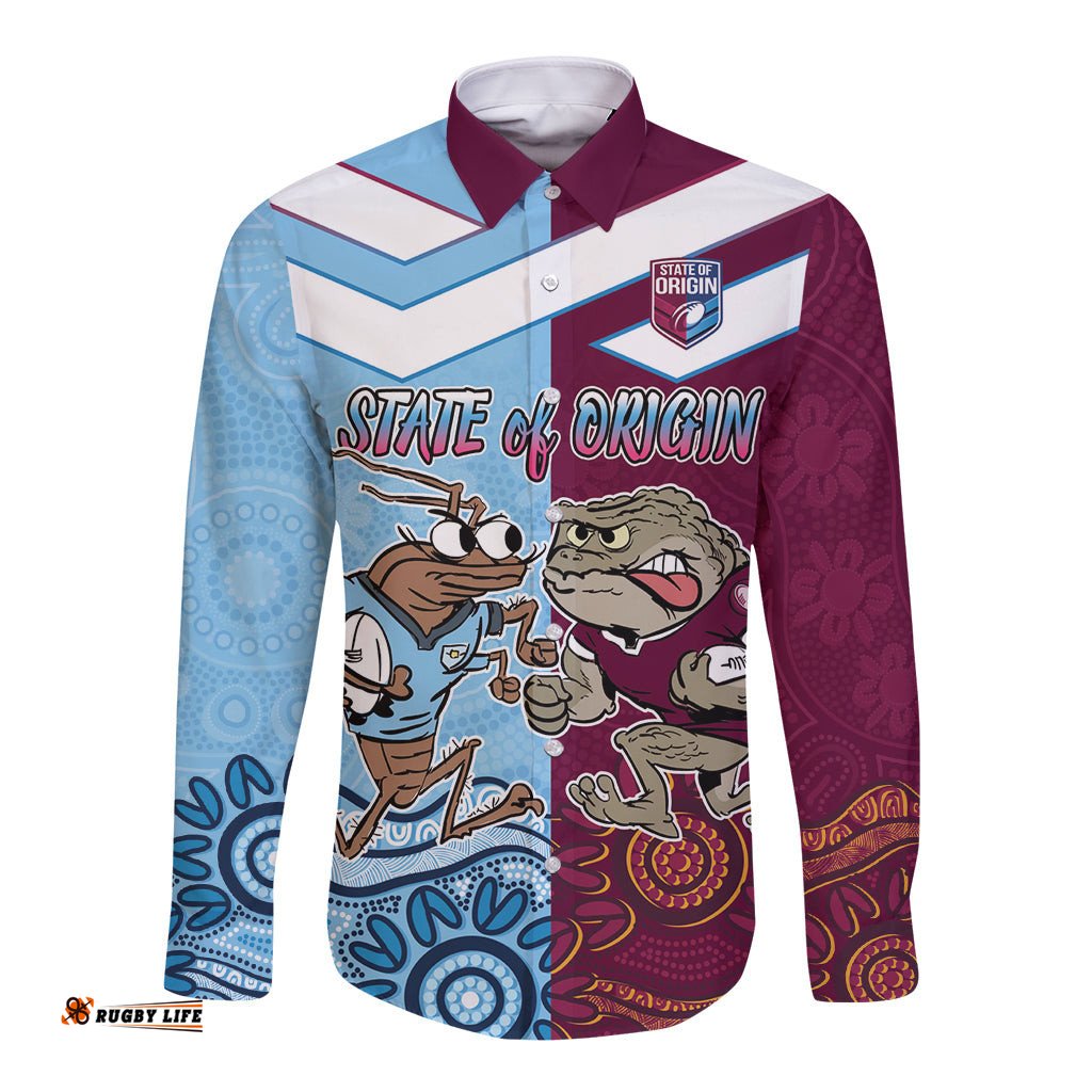 Custom QLD Cane Toad and NSW Cockroach Long Sleeve Button Shirt Aboriginal Inspired Together